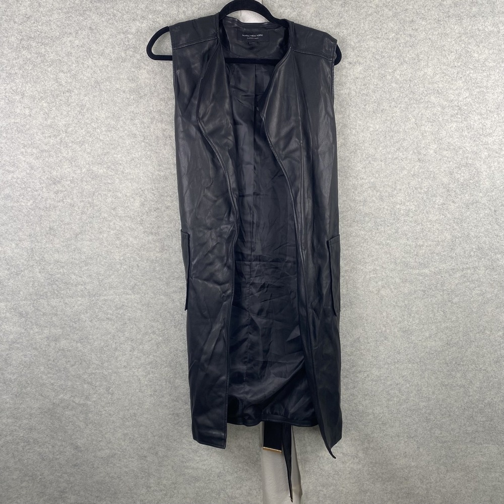 Marc New York Andrew Marc Vest Womens Medium Black Faux Leather Belted Long